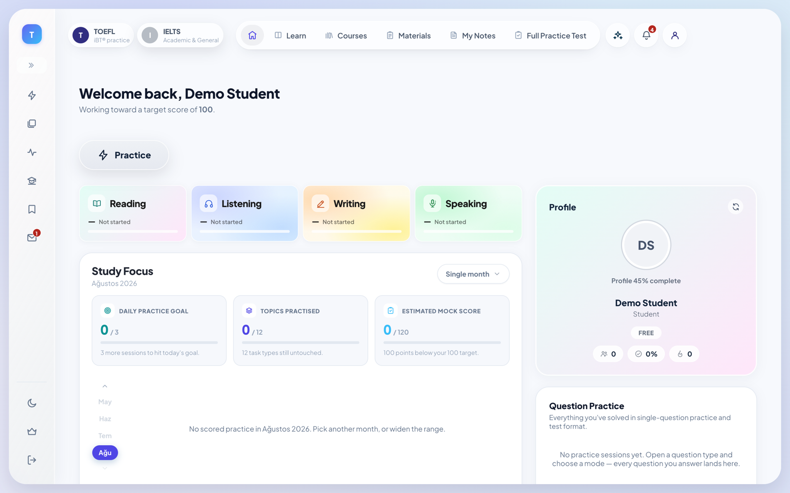 Fluent Fins dashboard preview: skill cards, study focus stats, and profile panel